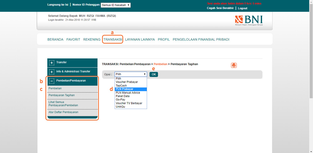 Halaman Transaksi BNI Internet Banking