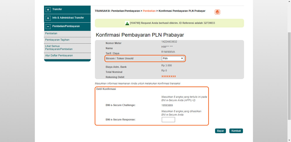 Halaman konfirmasi pembayaran listrik BNI Internet