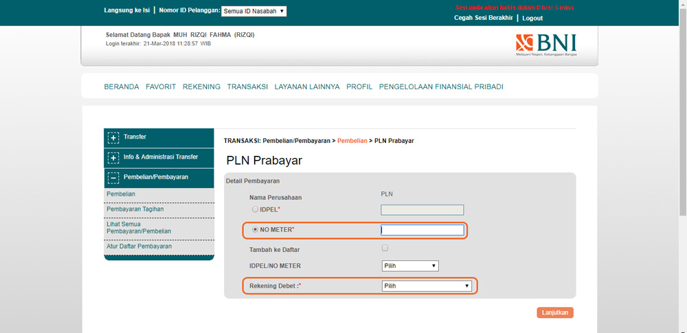 Masukkan detail nomor meteran listrik BNI INternet Banking