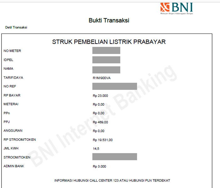 Struk pembelian listrik BNI Internet